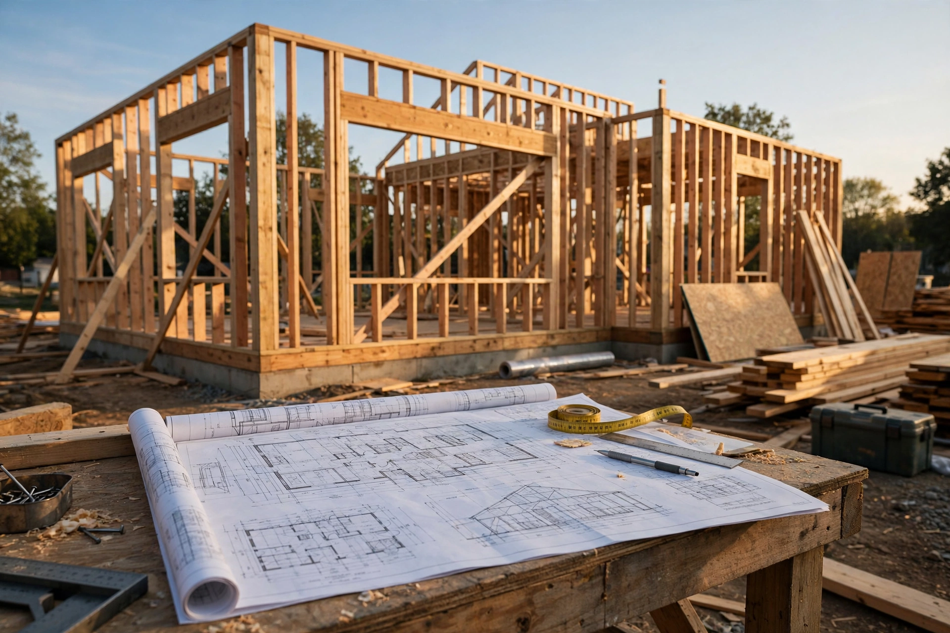 Timber framing of a new home under construction, with plans on a workbench