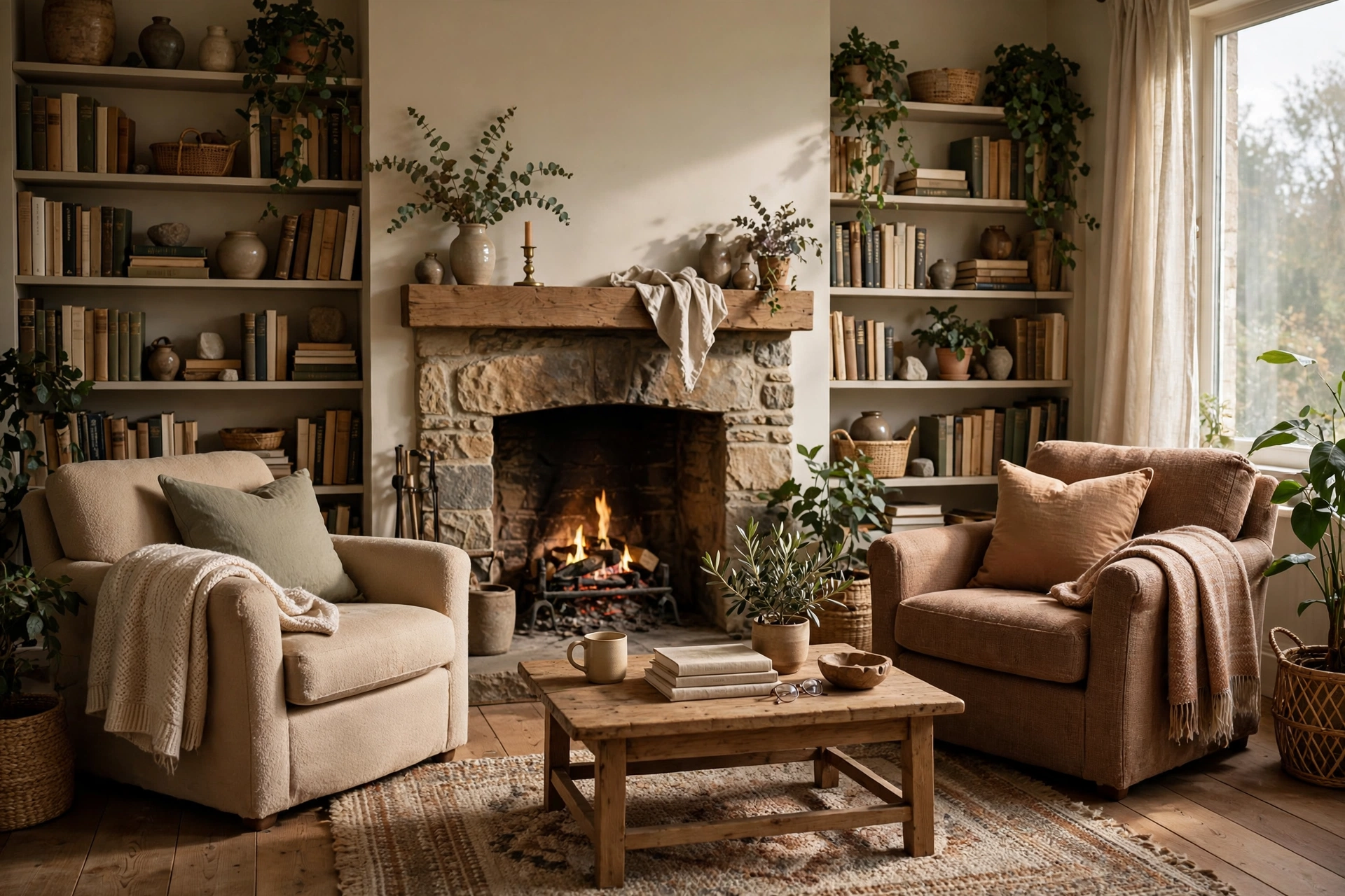 A warm living room with a stone fireplace, armchairs, and bookshelves